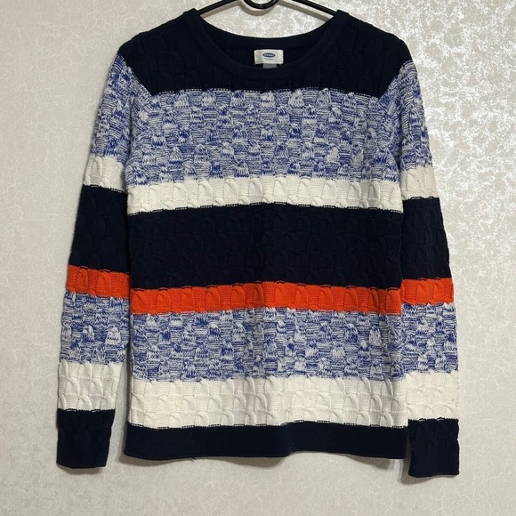 Old Navy Sweaters - Old Navy Blue White Orange Striped Cable Knit Chunky Crewneck Pullover Sweater M